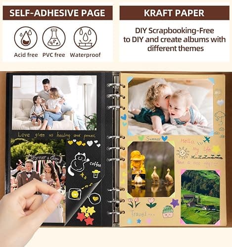 ALKALO Scrapbook Photo Album 100 Pages, 60 Pages Self Adhesive+40 Pages Kraft Paper DIY Photo Book for 2x3 3x5 4x6 5x7 Pictures, Leather Memory Book for Wedding Baby Family Travel Birthday Christmas thumbnail 4