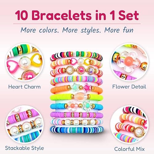 CHENSILAIYI Bracelets for Girls, 10 PCS Colorful Clay Bead Bracelet Set, Stretch Charm Bracelets for Teens, Cute Jewelry Gift for Daughters, Granddaughters, Nieces, Birthday Party Favors thumbnail 2