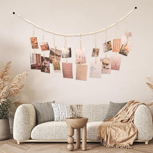 WIVKFML Hanging Photo Display with 18 Wood Clips, Boho Wooden Bead Wall Décor for Bedroom, Living Room, Dorm, Kids Art Picture Display thumbnail 2