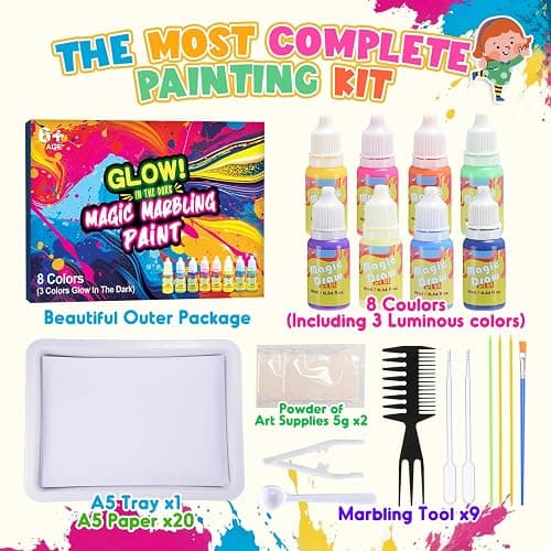 Hapikids Glow Water Marbling Paint for Kids, Arts and Crafts for Kids Age 6-12 Toys for 7-12 Year Old Girls Gift for 9 10 11 Year Olds Girls Boys Crafts for Kid Age 7-12 Birthday Gift Ideas thumbnail 3