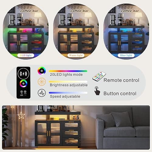 HWB Coffee Bar Cabinet with Storage, Buffet Sideboard with RGB Light, Modern Coffee Bar Table with Charging Station, Black thumbnail 3
