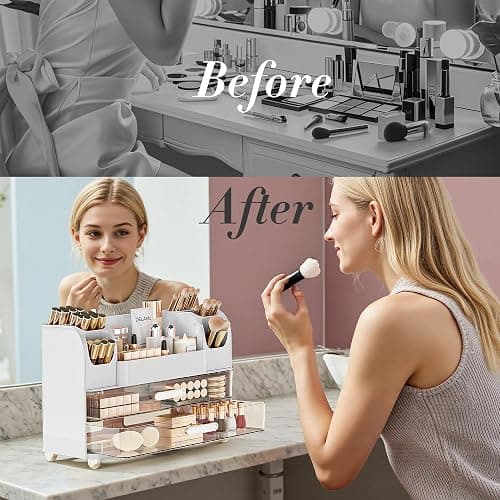 Delamu Makeup Organizer Countertop with 6 Brush Holder, Bathroom Countertop Organizer with 2 Large Drawers, Cosmetic Display Case for Vanity, Ideal Christmas Gifts for Women Girls, Light White thumbnail 7