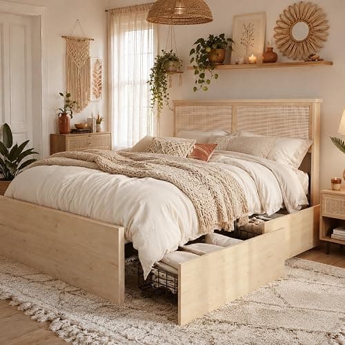 Brafab Natural Rattan Queen Bed Frame with Wooden Headboard and 4 Storage Drawers, Boho Cane Bed Metal Platform Bed with Strong Wooden Slat, Noise Free, No Box Spring Needed - Image 1