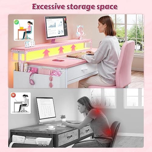 DurayLoly 31Inch Small Computer Desk with LED Lights & 2 Fabric Drawers, Gaming Desk with Side Pocket & Ergonomic Monitor Stand, Small Space Study Writing Table with Anti-Tip Design,Pink thumbnail 6