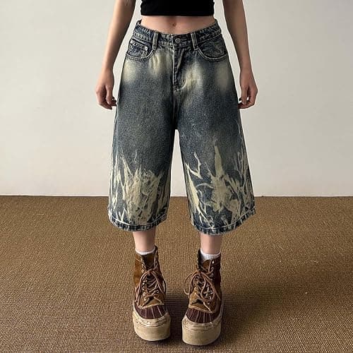 Baggy Jeans Damen Y2k Caprihose Weite Bein Kurz Denim Hose Frauen Hip Hop Streetwear Destroyed Kurze Sommerjeans Jogginghose Schlupfjeans Dreiviertel Hosen mit Tasche Bequem Capri Jeans thumbnail 2