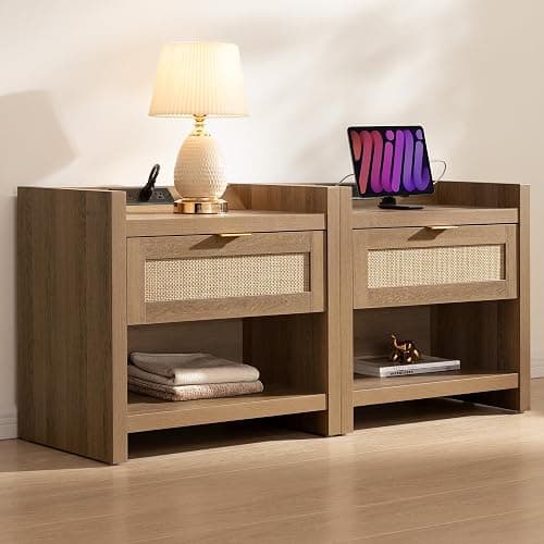 SICOTAS Night Stand Set of 2 Nightstands - Rattan Bed Side Table with Drawer Storage,Type-C Charging Station End Table - Boho Bedside Night Stands for Bedroom - Natural Oak - Image 1