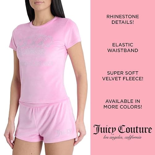 Juicy Couture Women's 2 Piece Velvet Fleece Short Sleeve Shirt and Pajama Shorts Lounge Sleepwear Set thumbnail 4