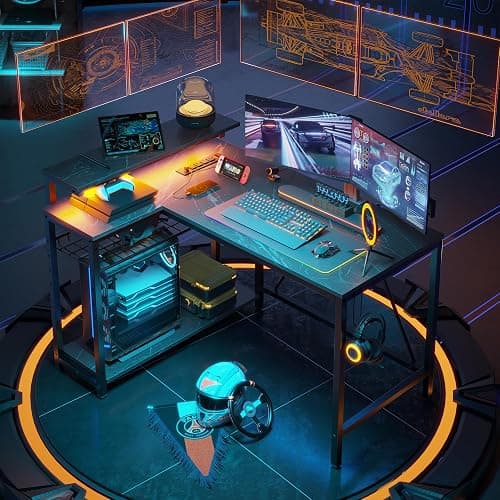 Bestier Small Gaming Desk with Power Outlets,42 L Shaped LED Computer Desk with Monitor Stand Reversible Storage Shelves,Corner Gamer Desk with Headset Hooks USB Port,Black Marble thumbnail 6