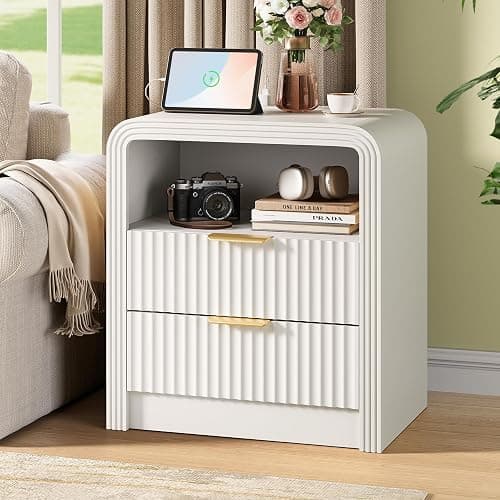 Decofy Fluted Nightstand with Charging Station, 19.7'' Wide Morden End Table with USB/Type-C Ports, 2 Drawers & Open Shelf, Curved Profile Design, Wood Bedside Table for Bedroom (White) thumbnail 8