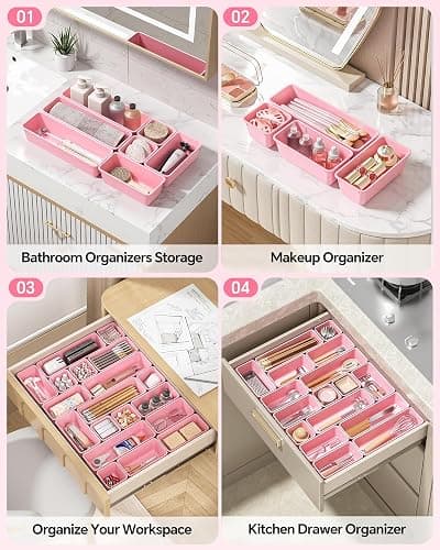 Canfanni 13 Pack Plastic Drawer Organizers Set, 3 Sizes Desk Drawer Organizer Trays for Vanity and Makeup Organizer, Organization and Storage for Makeup, Kitchen Utensils, Bathroom and Office(Pink) thumbnail 6