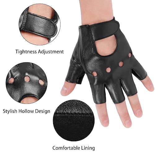 OurHonor Black Fingerless Gloves for Men Women, Halloween PU Leather Half Finger Glove Driving Performance Costume Sport thumbnail 2