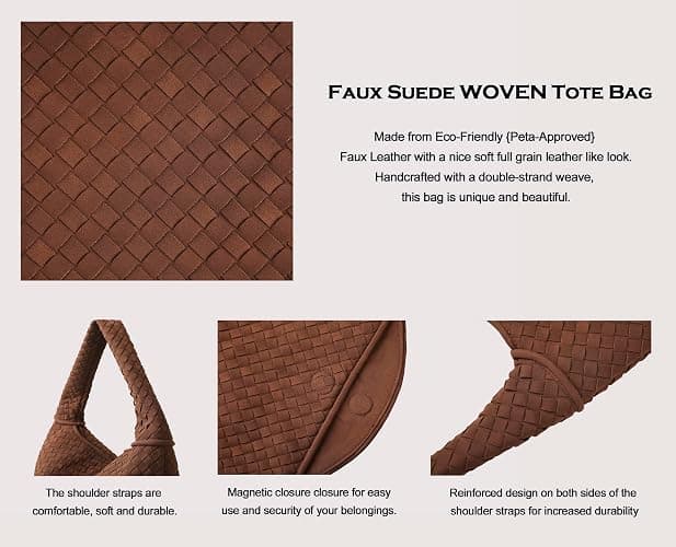 Vegan Leather Woven Tote, Vintage Suede Hobo, Suede Woven Purse, Large Leather Shoulder Bag Braided Hobo thumbnail 2