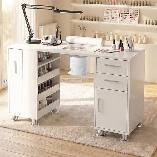 Nail Desk,Professional Manicure Table with Wrist Rest,2 Drawers&Cabinet | Nail Station Beauty Technician Desk with Electric Dust Collector& Dust Bag,Nail Table with Pull-out Locker&8 Metal Legs,White thumbnail 9