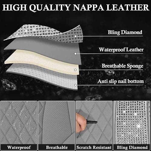 CAR PASS Gray Leather Bling Car Seat Covers Full Set, Luxury Microfiber Nappa PU Cushioned, Waterproof Anti-Slip Universal Fit for Auto SUV Sedan Sparkly Glitter Shining Rhinestone, Gray Diamond thumbnail 7