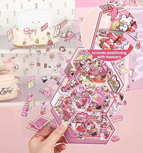 DIY 3D House Stickers, 4 Sets Fun DIY Stickers Scene Make Your Own Mini House Cute Cartoon Animal Scene Stickers for Kids Adult Sticker Art Relief Stress Pass The Time- Large Size thumbnail 5