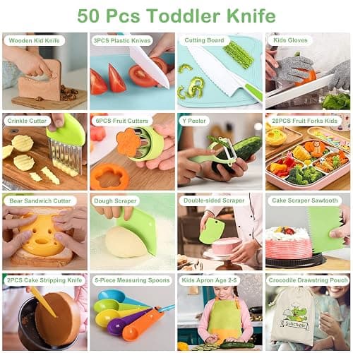 50PCS Kids Kitchen Cooking Set - Crocodile Wooden Kid Safe Knife Cutting Board Apron Gloves Fruit Vegetable Crinkle Cutters Peeler Serrated Edges Plastic Toddlers Knives, Kids Knifes for Real Cooking thumbnail 4