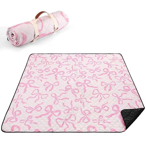 SmoothNovelty Pink Bow Picnic Blanket 80'' x 80'' Waterproof Extra Large Camping Blanket Coquette Picnic Mat Foldable Portable Preppy Outdoor Beach Mat with Carry Strap for Outdoor Grass Lawn Park - Image 1