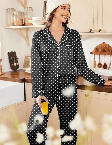 Ekouaer Womens Satin Pajama Set Classic Pattern Silky Pj Sets Button Down Sleepwear Loungewear thumbnail 3