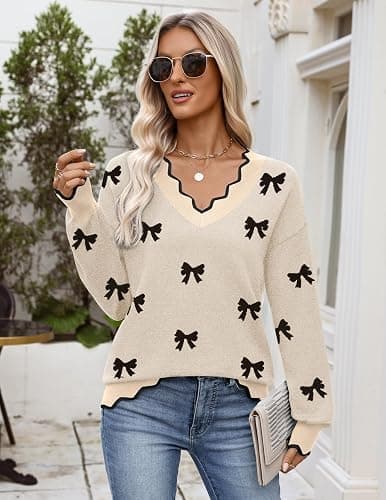 Zeagoo Women's 2025 Fall V Neck Sweater Casual Long Sleeve Lightweight Ribbed Knit Pullover Sweaters Dressy Casual Tops thumbnail 3
