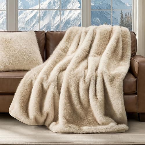 EVERGRACEHOME Luxury Faux Fur Throw Blanket, Soft Fluffy Faux Mink Blankets for Bed, Couch, Sofa, Thick Cozy Plush Warm Fur Throws with Reversible Velvet, Tipped Golden Fox, 50"x60" - Image 1