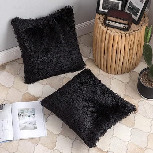 ANRODUO Pack of 2 Black Throw Pillow Covers Luxury Fluffy Pillows Faux Fur Decorative Pillows Plush Cushion Case Fuzzy Mongolian Merin Style for Bed Couch Sofa Living Room Halloween Decor 18x18 Inch thumbnail 2