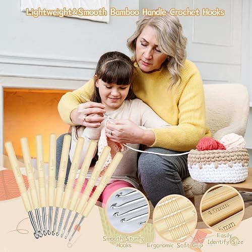 Aeelike Bambusgriff Häkelnadel Set für Anfänger, Arthritische Hände, Ergonomische Häkelset mit Tragetasche und Häkelzubehör, 2,0-6,0 mm Leichte Starter Häkelnadeln Set mit Glatt Aluminium Hakenkopf thumbnail 5