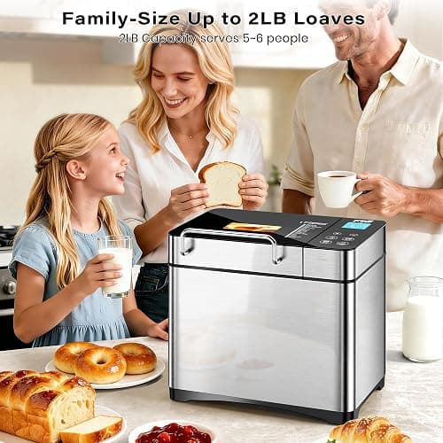 KBS Pro 710W 2LB Bread Maker, Stainless Steel 17-in-1 Smart Bread Machine with Healthy Ceramic Pan, Automatic Nut Dispenser, Tempered Glass Touch Panel, 3 Crust Colors, 15H Timer& Keep-Warm, Recipes thumbnail 2