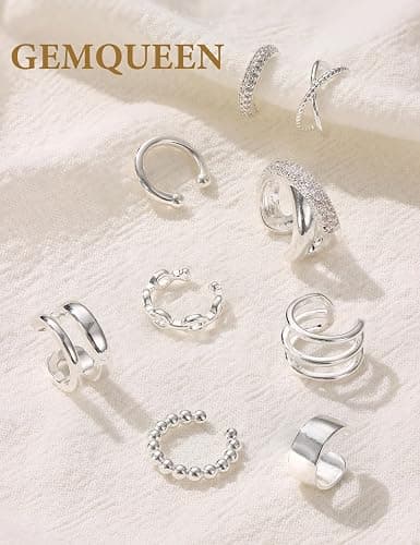 GEMQUEEN 9 Pcs Ear Cuff Non Piercing Earrings for Women - 14K Gold/Silver Plated Chunky Ear Cuffs Earring Non Pierced Ears Clip On Adjustable Fake Cartilage Conch Helix Jewelry Set with 5A CZ thumbnail 4