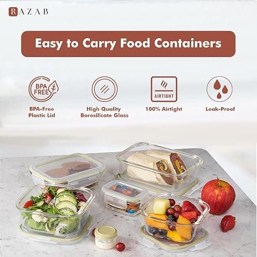 Razab 35 Pc Set Glass Food Storage Containers with Lids - Meal Prep Airtight Bento Boxes BPA-Free 100% Leak Proof (15 lids,15 glass & 5 Plastic Sauce/Dip Containers) thumbnail 7