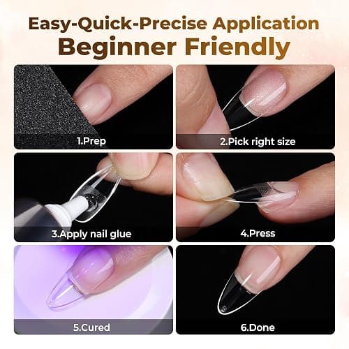 UNA GELLA Almond Gel Nail Tips, 504PCS Pre Etched Clear Fake Nails Tips Medium Almond Shape - 12 Sizes Full Cover Soft Acrylic Press On Nail Extensions No C Curve Gift for Diy at Home thumbnail 9