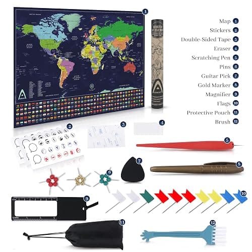 Adroit World Scratch Map of the World, Large 24x17 Scratch Off Map Poster For Travellers, with US States and Canada Provinces, Travel Map with Pins, Includes All Country Flags thumbnail 9