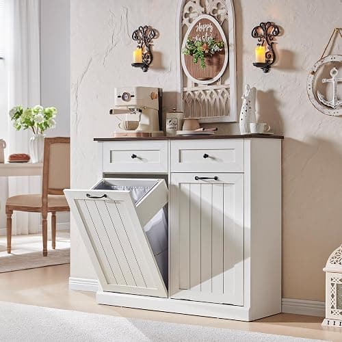 IFGET Double Tilt Out Trash Cabinet, 20 Gallon Farmhouse Laundry Hamper Cabinet with 2 Drawers, Hidden Wooden Trash Can Cabinets with Storage Basket for Kitchen, Living Room (Antique White) - Double Door - Antique White - Image 1