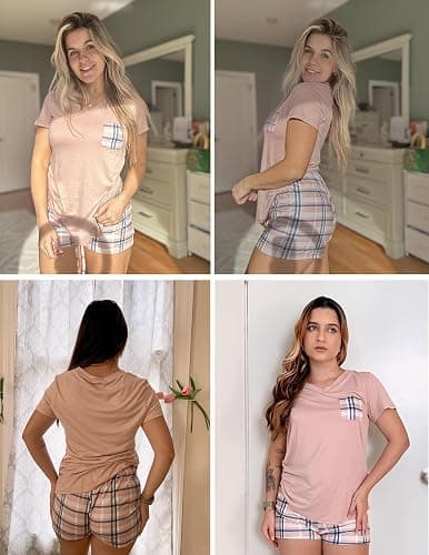 Ekouaer Womens Pajama Sets Short Sleeve Pajamas for Women Sets Soft Lounge Sets Casual V Neck Sleepwear PJS thumbnail 5