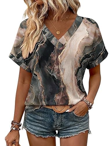 Zeagoo Womens Summer Tops Rolled Short Sleeve V Neck Shirts Casual Dressy Business Work Blouses Outfits thumbnail 3