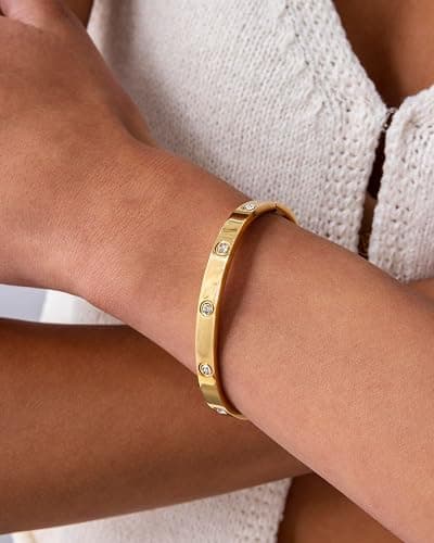 PAVOI 14K Gold Plated Love Bangle Bracelets for Women | Waterproof Stainless Steel Cubic Zirconia Hinged Bracelet Dupe thumbnail 2