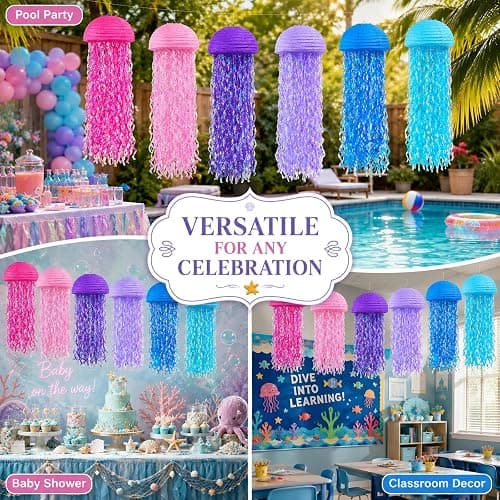 ADLKGG 6-Pack Jellyfish Paper Lanterns, Pink Purple Blue Under The Sea Party Decorations, Mermaid Birthday Decorations for Girls, Hanging Ocean Themed Pool & Beach Party Decor, Classroom Decor thumbnail 4