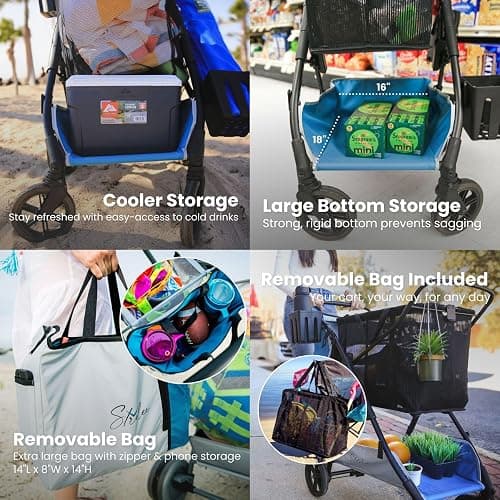 Strolee Large Wheeled Collapsible Beach Cart for Soft Sand, Shopping, Camping & Garden- Lightweight Aluminum Frame- Removable Storage Bag with Carrying Straps, X-L Capacity & Cooler Rack (Blue) thumbnail 8