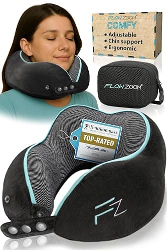 FLOWZOOM Comfy Memory Foam Travel Pillow for Airplane & Car – Adjustable Travel Neck Pillow with 360° Support, Soft, Washable Plush Cover and Compact Mesh Bag - Black - Image 1
