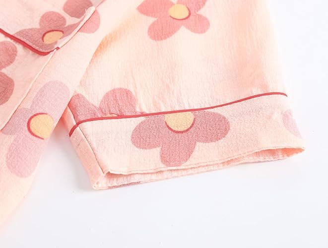 Hupohoi Big Girls Button Down Pajama Set 3pcs Short Sleeve Long Pants with Shorts Crepe Wrinkled Fabric Sleepwear Nighty thumbnail 4
