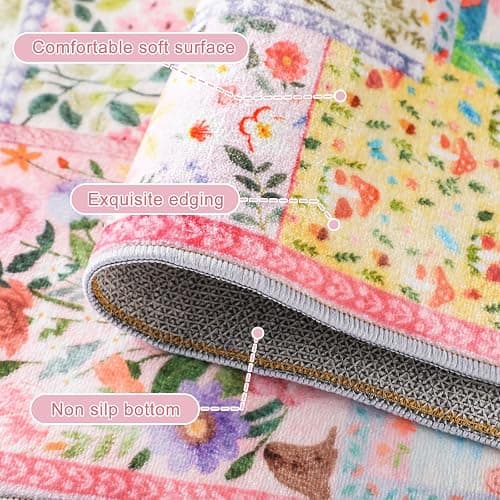 Klyyo Clyro Pink Floral Kitchen Rugs Set of 2 Cute Farmhouse Floor Mats Soft Non Slip Cushioned Washable Kitchen Rugs for Home Entrance Laundry Office Sink Spring Summer Decor, 17 x30 +17 x47 thumbnail 3