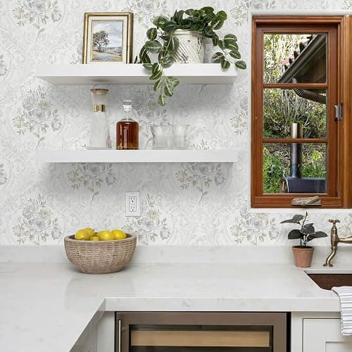 Ismoon Floral Peel and Stick Wallpaper Vintage White and Grey Contact Paper Boho Watercolor Damask Wallpaper Textured Removable Self Adhesive Vinyl Wall Paper for Bedroom, 17.3 in X 6.5 ft thumbnail 2