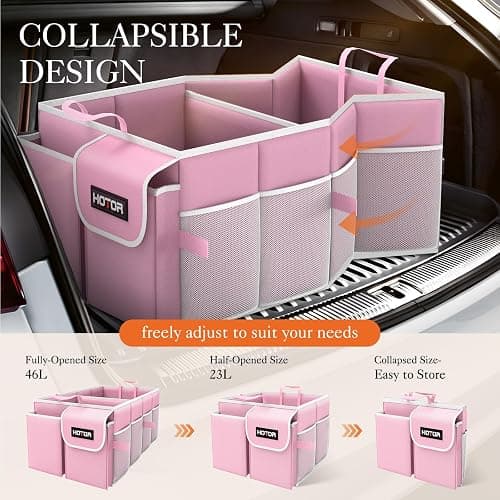HOTOR Foldable Trunk Organizer for SUVs & Sedans, Pink, 2 Compartments, 21.3"12.6"10.6 thumbnail 4
