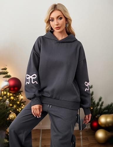 OLAPTA Women Oversized Bow Trim Print Hoodies Long Sleeve Fleeced Casual Graphic Pullover Trendy Fall Hooded Sweatshirts Top thumbnail 2