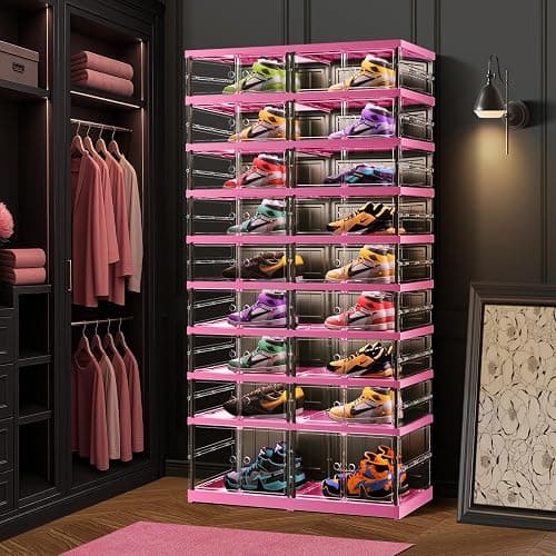 CIMLORD 9-Tier Foldable Shoe Rack for Closet Entryway 18-36Pairs, Stackable Clear Shoe Storage Boxes Organizer With Door Plastic Shoe Cabinet Bins with Lids Shoes Shelf Easy Assembly Large（Black-pink） thumbnail 3