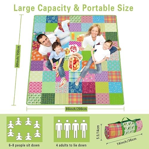 Supfitness Extra Large Picnic Blankets Waterproof Foldable (60"x 80") Boho Beach Blanket Waterproof Sandproof,3-Layer Thicking Mat Outdoor Packable Camping Blanket thumbnail 3