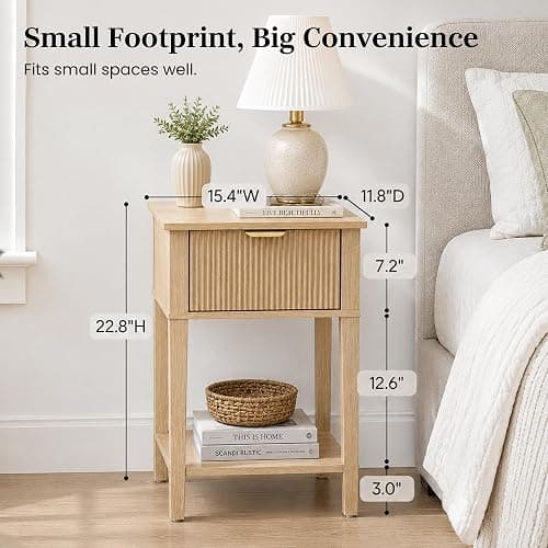 RIHHA Natural Oak 15.4" Wide Small Nightstand with Drawer,Open Shelf,Fluted | Light oak tone, ribbed fluted front, 11.8-inch slim depth, concealed storage, airy fit for bedside, sofa side, or chair side thumbnail 2