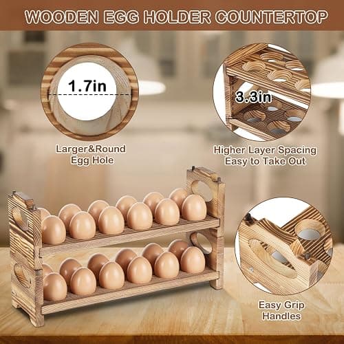AOOHOOA Wooden Egg Holder & Storage-3Tier /36-Hole Stackable Holds Fresh Eggs, Farmhouse Eggs Rack Wood, Rustic Countertop Chicken Egg Organizer Wood with Distressed Finish for Home Kitchen Decoration thumbnail 5