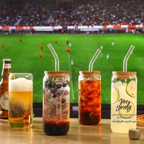 VITEVER 20 OZ Glass Cups with Bamboo Lids and Glass Straw - Beer Shaped Drinking Glasses Set, Iced Coffee Glasses, Cute Tumbler Cup, Aesthetic Coffee Bar Accessories, Gift - 2 Pack thumbnail 2