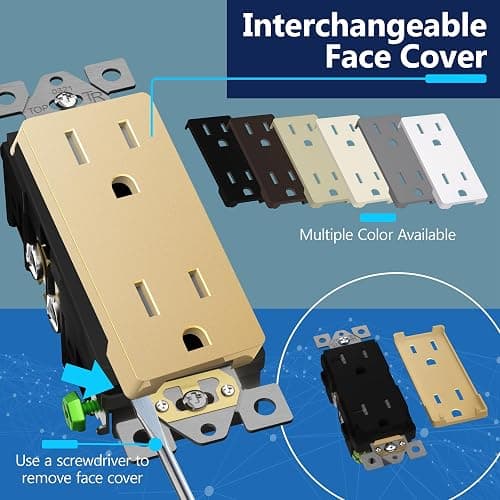 LIDER Matte Finish Decorator Receptacle with Interchangeable Face Cover, Child Safe Tamper-Resistant Wall Outlet with Screwless Wall Plate, Residential Grade, 15A 125V, UL Listed, LR15-TR-GDSWP, Gold - 15 Amp (Wall Plate Included) - Gold - 1 thumbnail 2