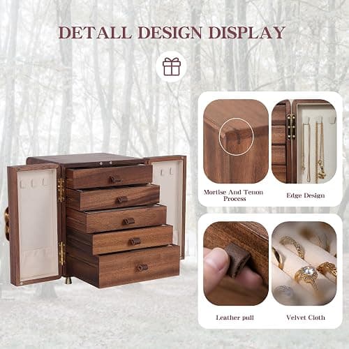 KAOTGOT Jewelry Box for Women Girls, Wooden Jewelry Box Organizer Functional With Drawers, 5 Layers Jewelry Storage Organizer for Earring, Ring, Necklace, Bracelets thumbnail 8